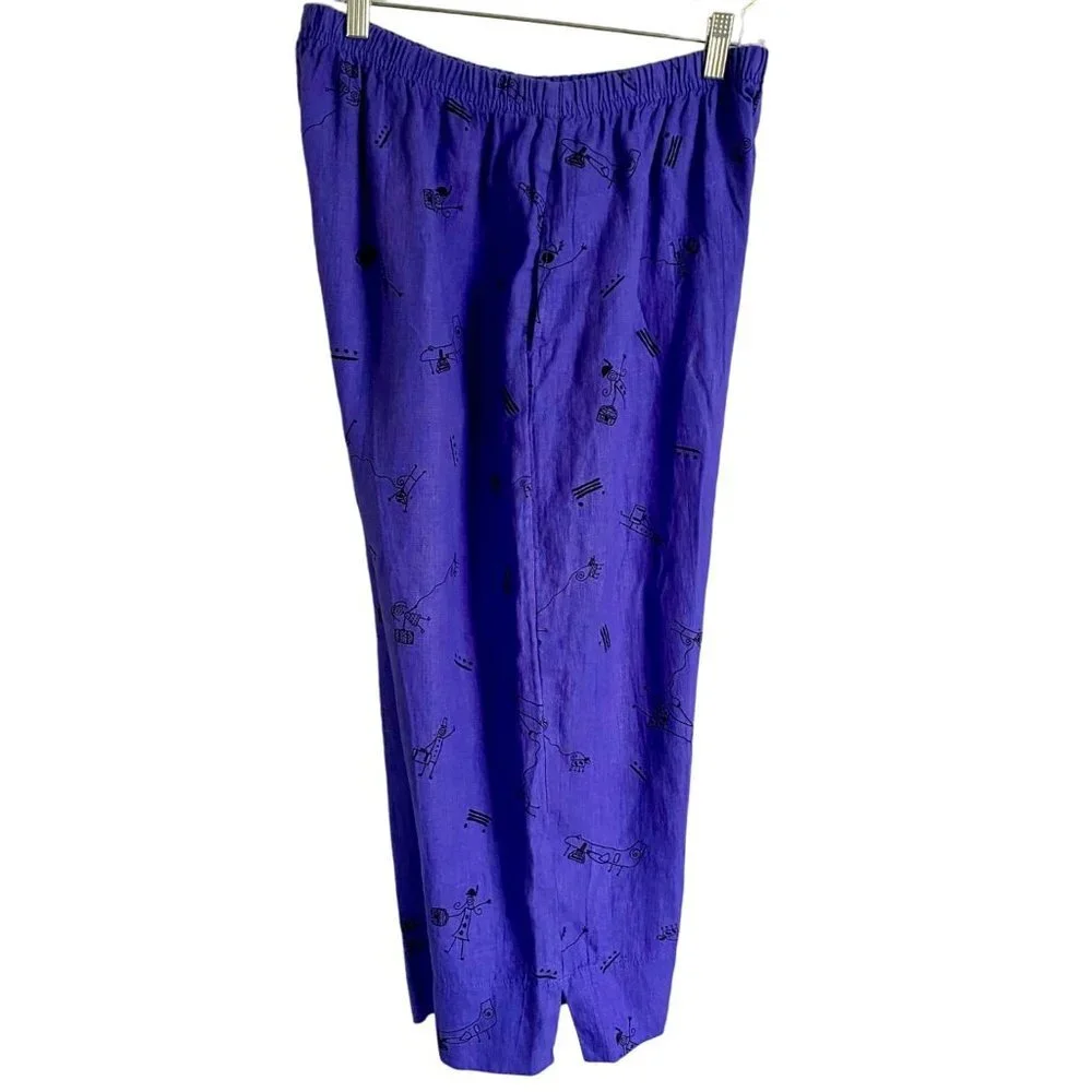 Whimsical Stick Figures Elastic Waist Capris Pants Purple with Pockets Size XL